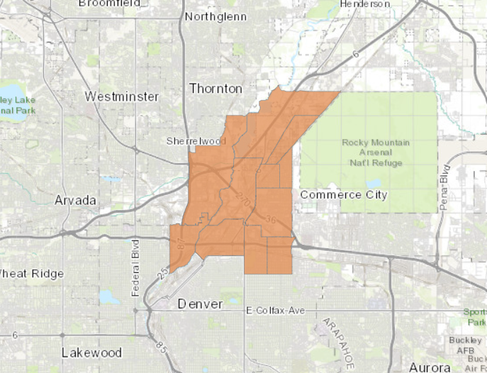 Map of the Commerce City - North Denver area